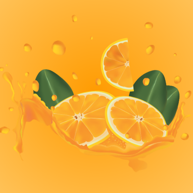 Tranches d'orange fraîches avec feuilles vertes sur fond orange avec gouttes d'eau