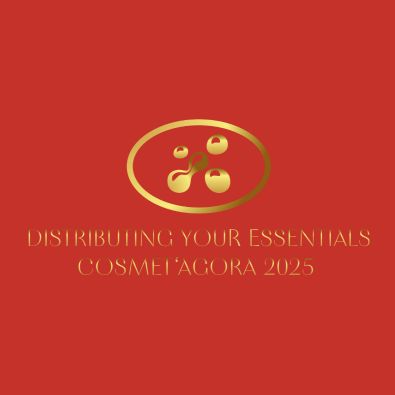 Logo Cosmetacora 2025 - salon professionnel cosmétique avec texte distributing your essentials sur fond rouge