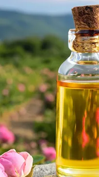 Flacon d'huile essentielle dorée avec bouchon liège, pétales de roses roses sur fond de champs fleuris