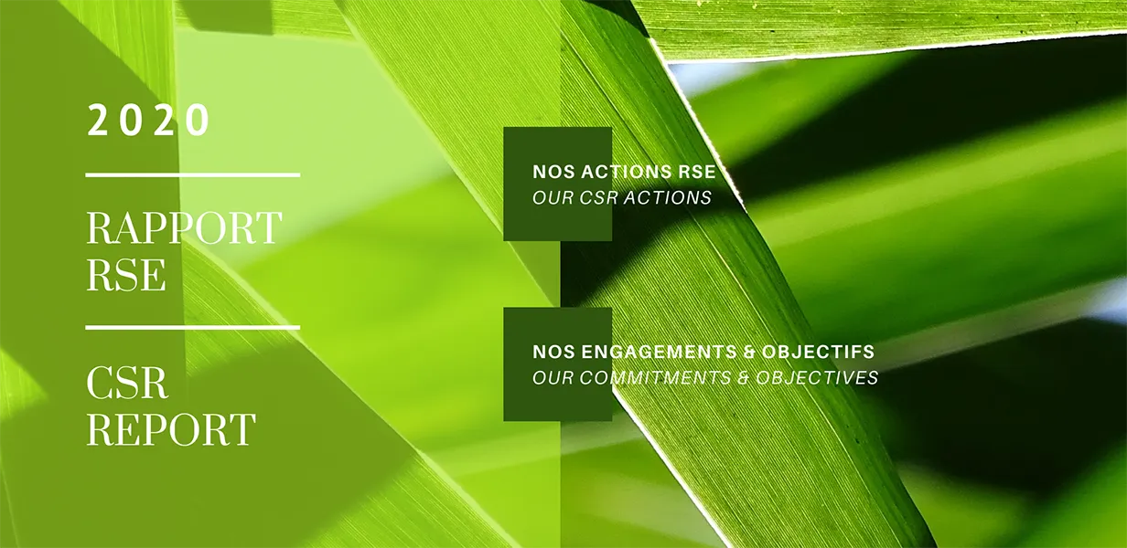 Cover of the 2020 CSR report by IES Ingredients - green leaves, actions and commitments on corporate social responsibility