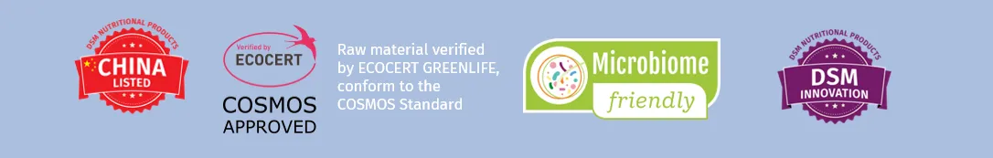IES Ingredients product certifications: China Listed, Cosmos Ecocert, Microbiome Friendly, DSM Innovation