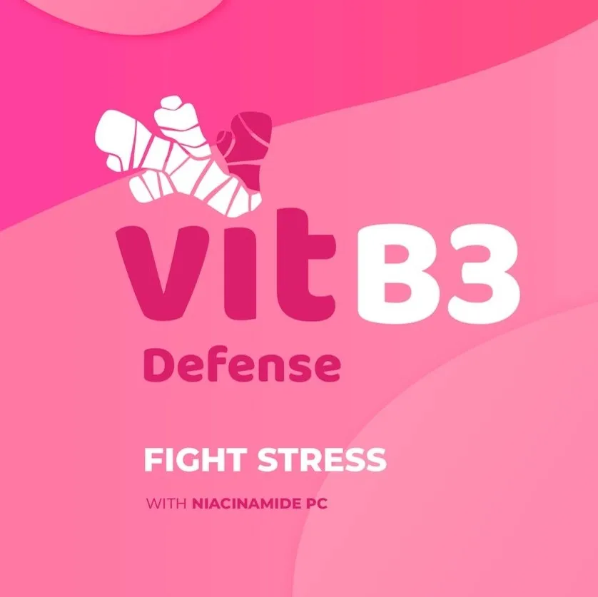 Vitamine B3 Defense - Complément anti-stress avec niacinamide PC sur fond rose dégradé