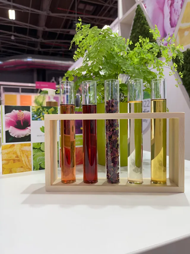 Tubes à essai avec extraits naturels colorés dans support bois, plantes vertes en arrière-plan, salon professionnel