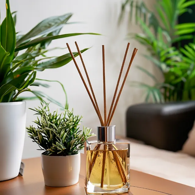 Essential oil diffuser with rattan sticks and green plants in the background