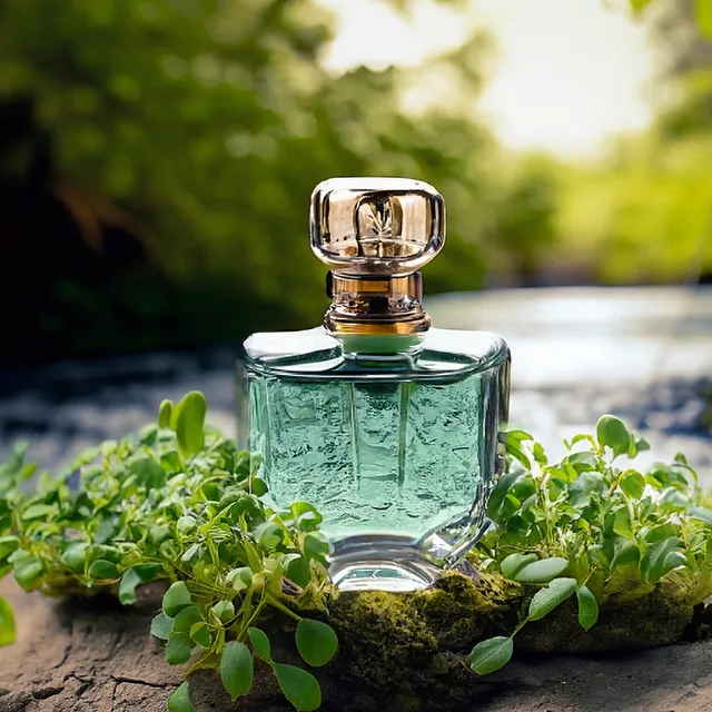 Green glass perfume bottle with gold cap placed on moss with fresh green plants